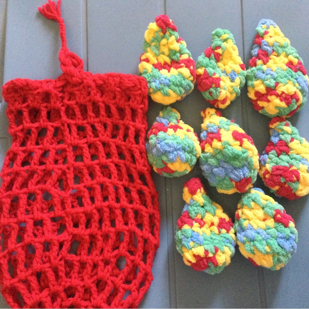 Water balloons, reusable, crocheted.